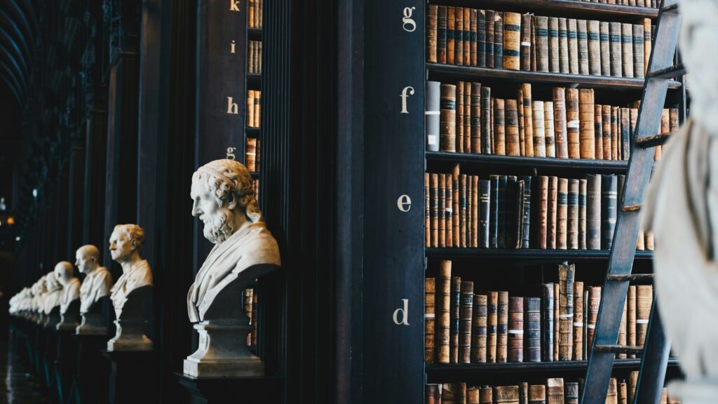 Juridische boeken in bibliotheek als basis bij juridische stappen overwegen